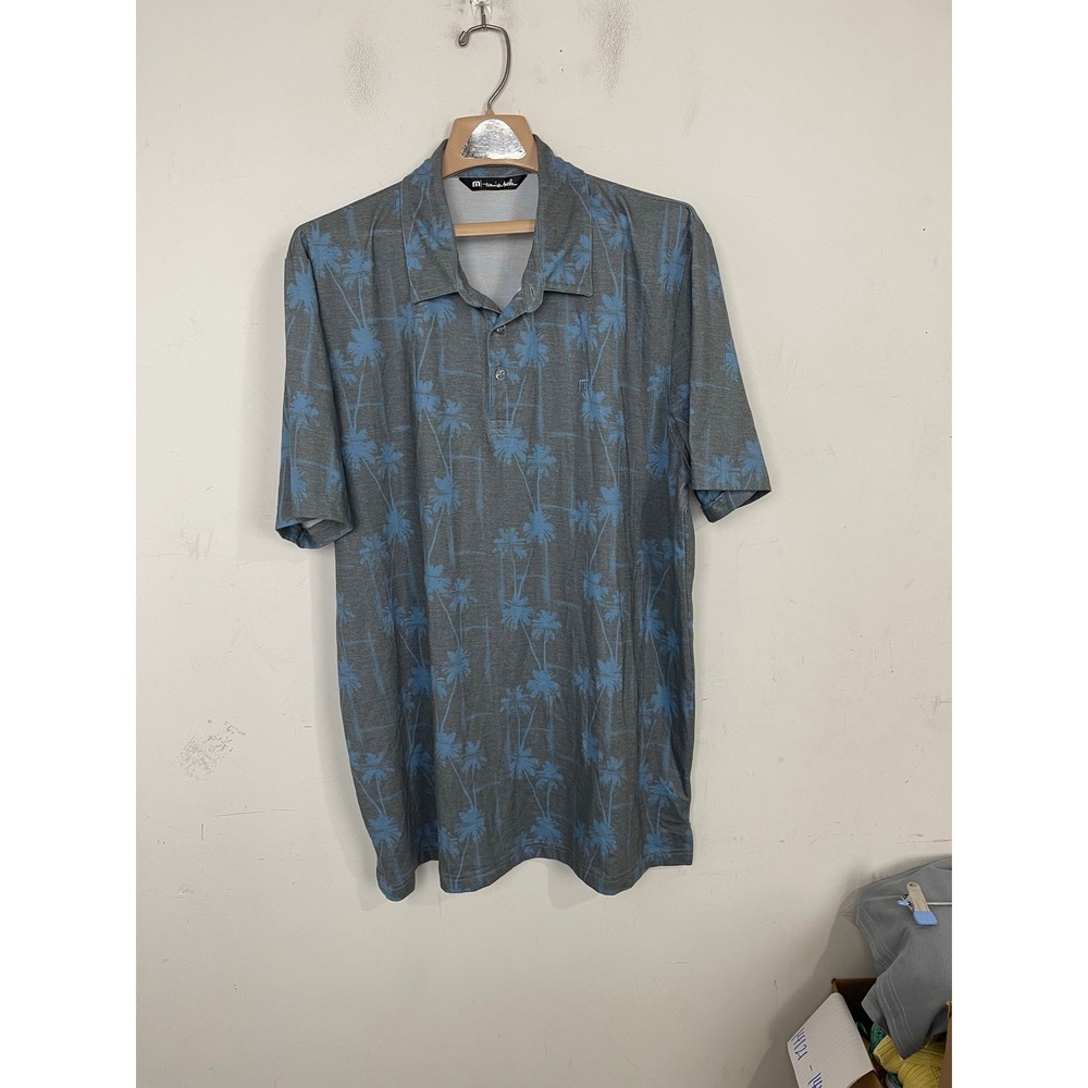 TravisMathew Mens XXL Grey Blue Palm Tree‎ Print Polo Shirt Short Sleeve Stretch
